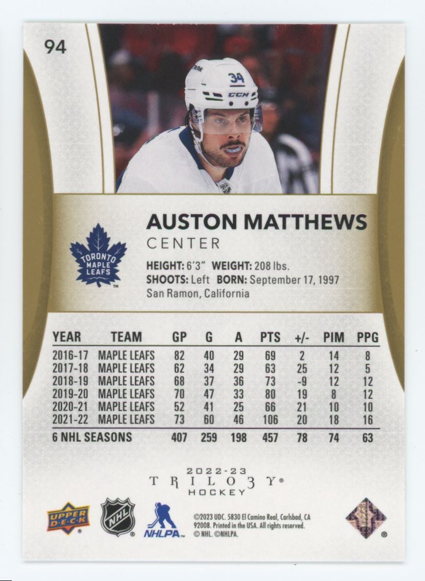 2022-23 Upper Deck Trilogy Auston Matthews Hockey Card #94