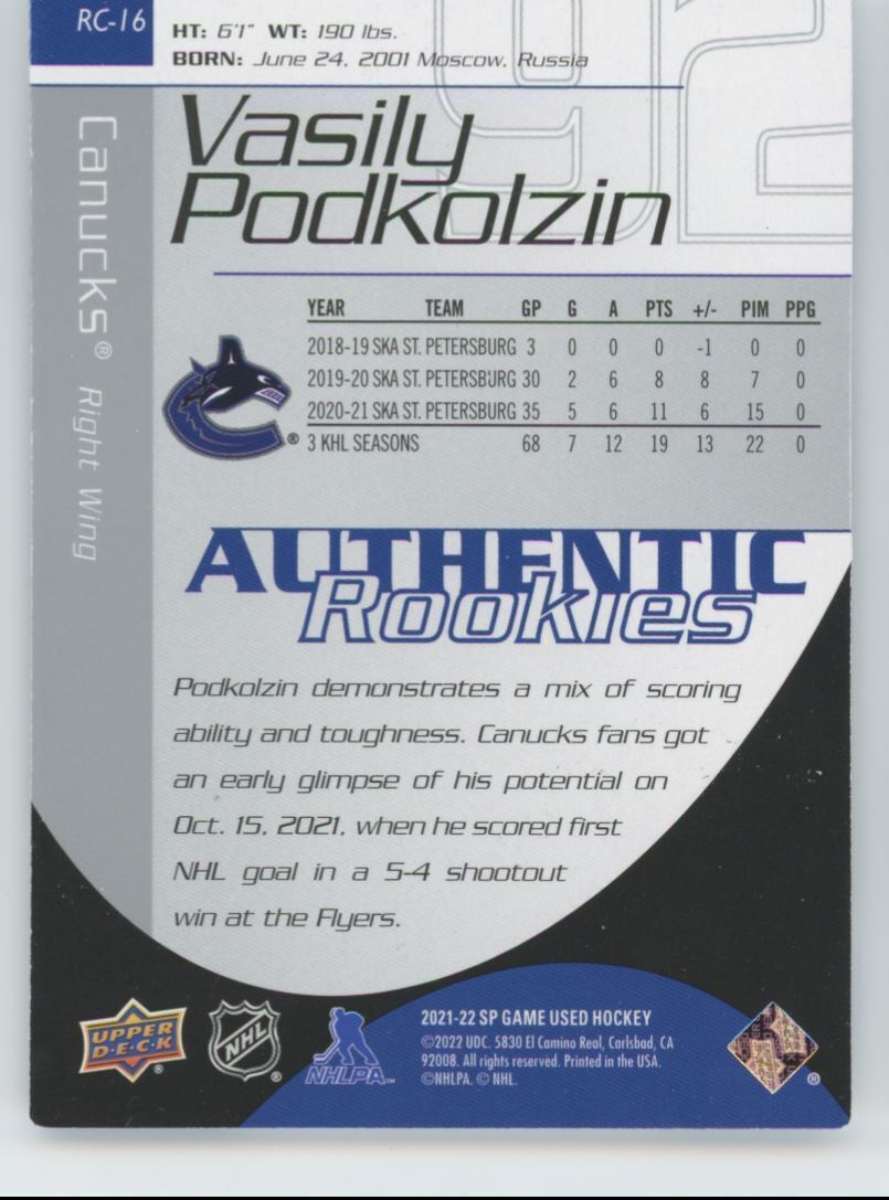 2021-22 SP Game Used Authentic Rookies Vasily Podkolzin Hockey Card #RC-16