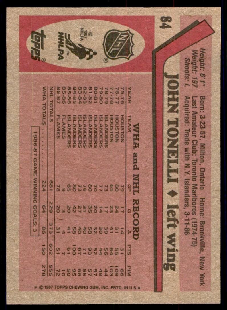 1987-88 Topps John Tonelli Hockey Cards #84