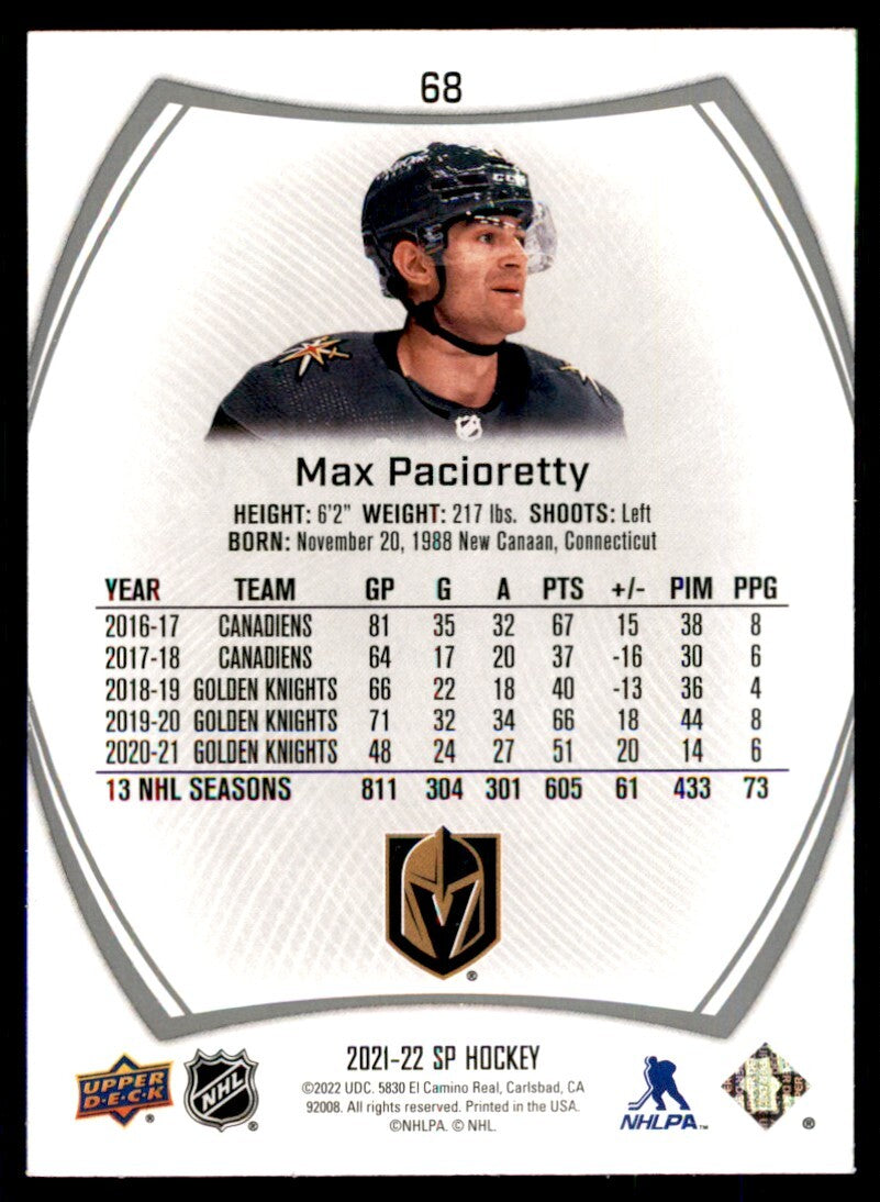 2021-22 Upper Deck SP Max Pacioretty Hockey Card Vegas Golden Knights #68