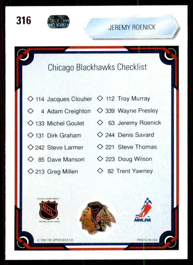 1990-91 Upper Deck Jeremy Roenick Hockey Cards #316