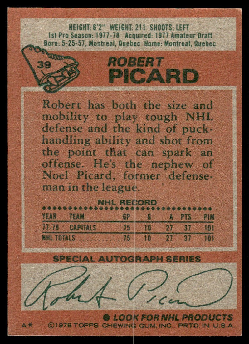 1978-79 Topps Hockey Card Robert Picard Rookie ` Washington Capitals #39