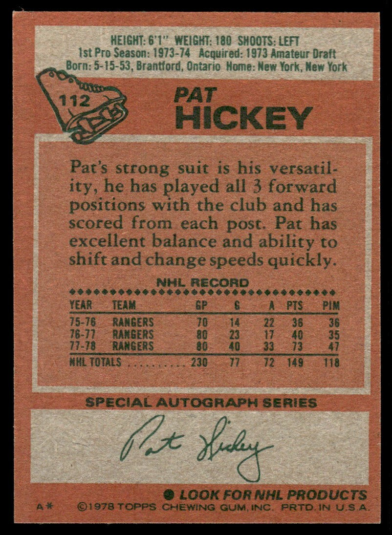 1978-79 Topps Hockey Card Pat Hickey B New York Rangers #112