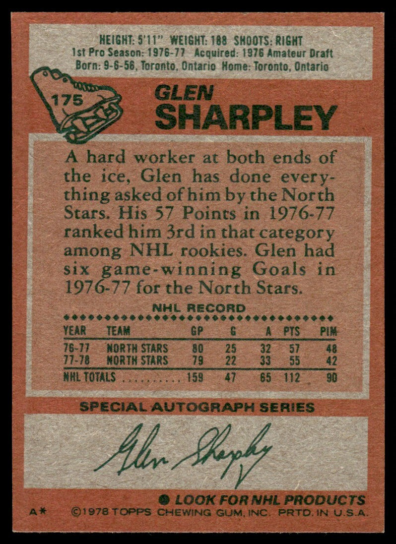 1978-79 Topps Hockey Card Glen Sharpley D Minnesota North Stars #175