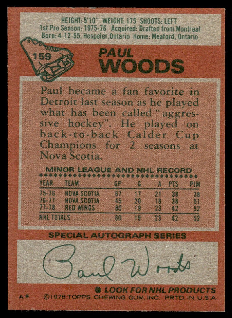 1978-79 Topps Hockey Card Paul Woods Rookie lw Detroit Red Wings #159