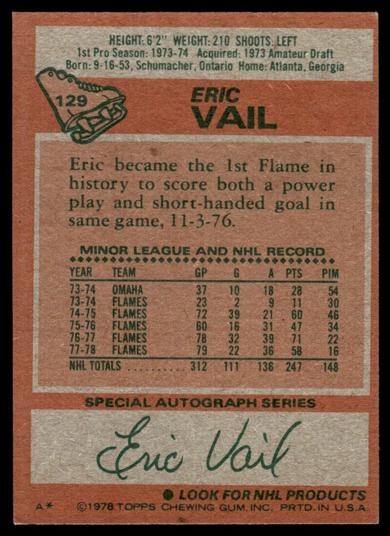 1978-79 Topps Hockey Card Eric Vail A Atlanta Flames #129