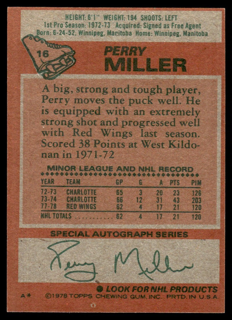 1978-79 Topps Hockey Card Perry Miller 1 Detroit Red Wings #16