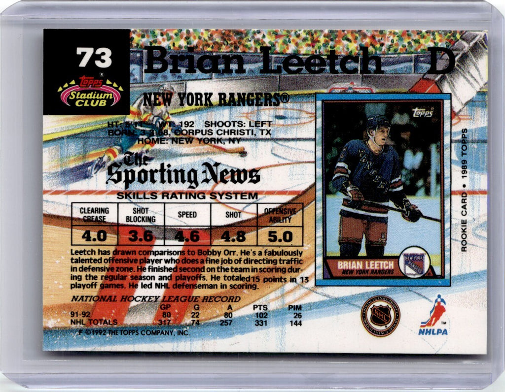 1992-93 Stadium Club Hockey Card Brian Leetch New York Rangers #73