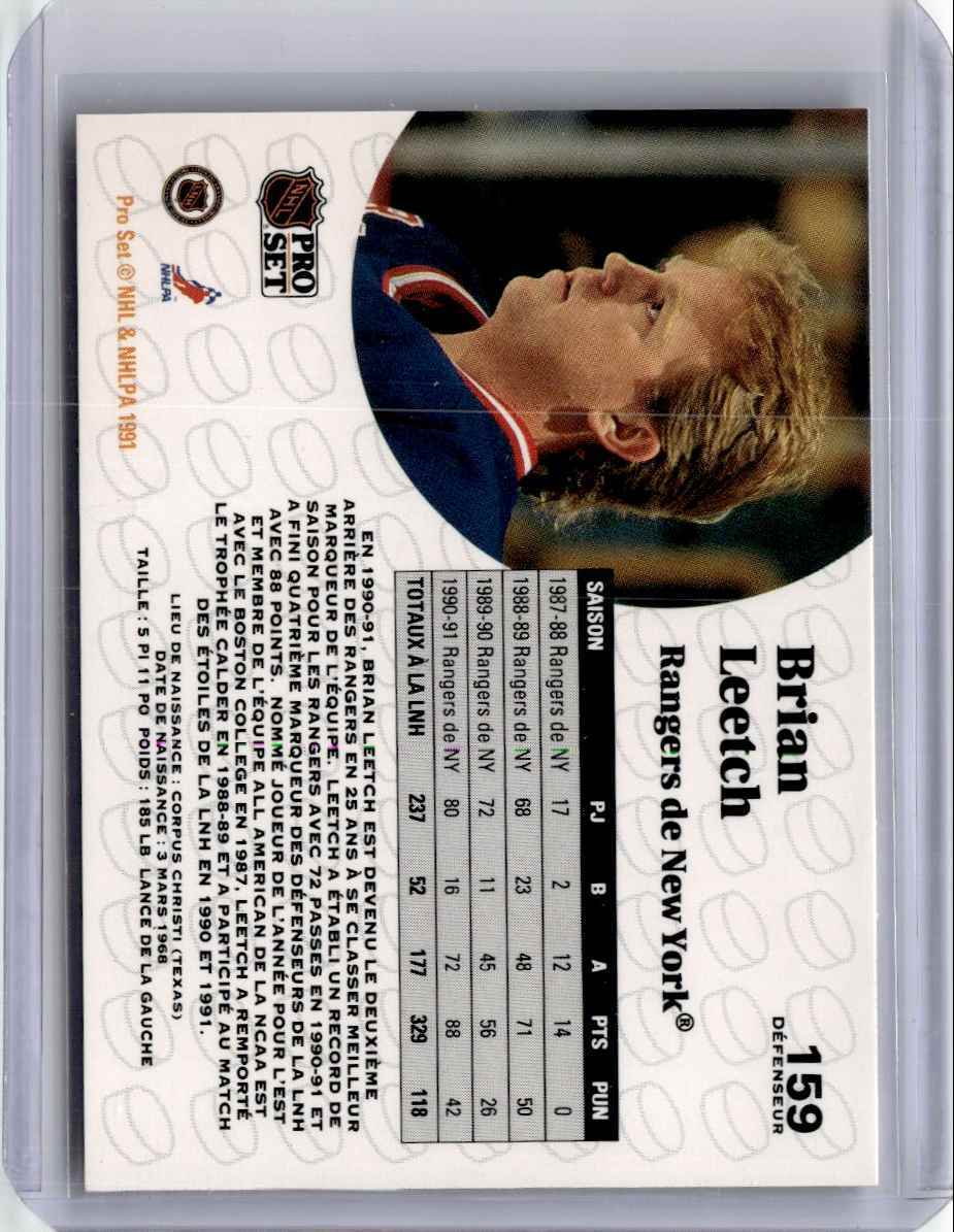 1991-92 Pro Set Hockey Card Brian Leetch New York Rangers #159