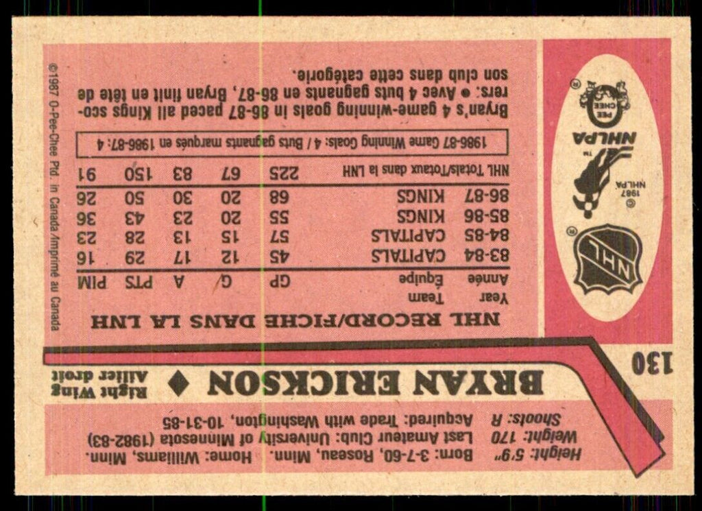 1987-88 O-Pee-Chee Bryan Erickson / Los Angeles Kings #130