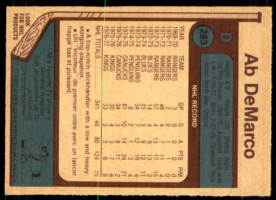 1977-78 O-Pee-Chee Ab DeMarco Jr. Kings Atlanta Flames #283