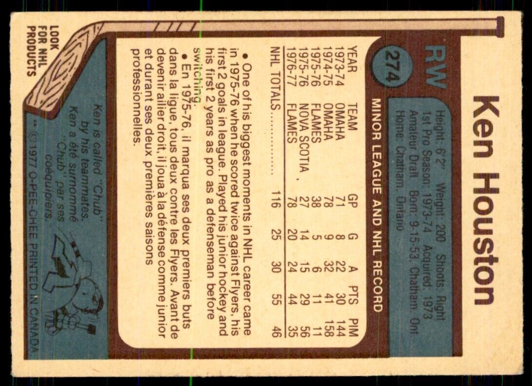1977-78 O-Pee-Chee Ken Houston Rookie Atlanta Flames #274