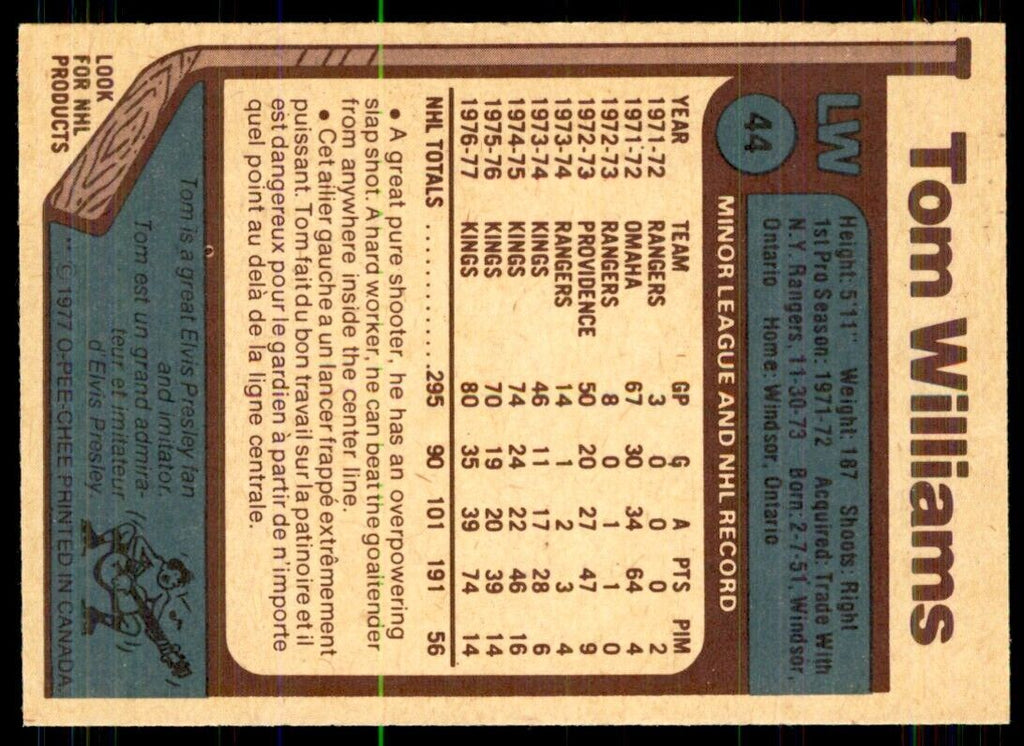 1977-78 O-Pee-Chee Tom Williams Los Angeles Kings #44