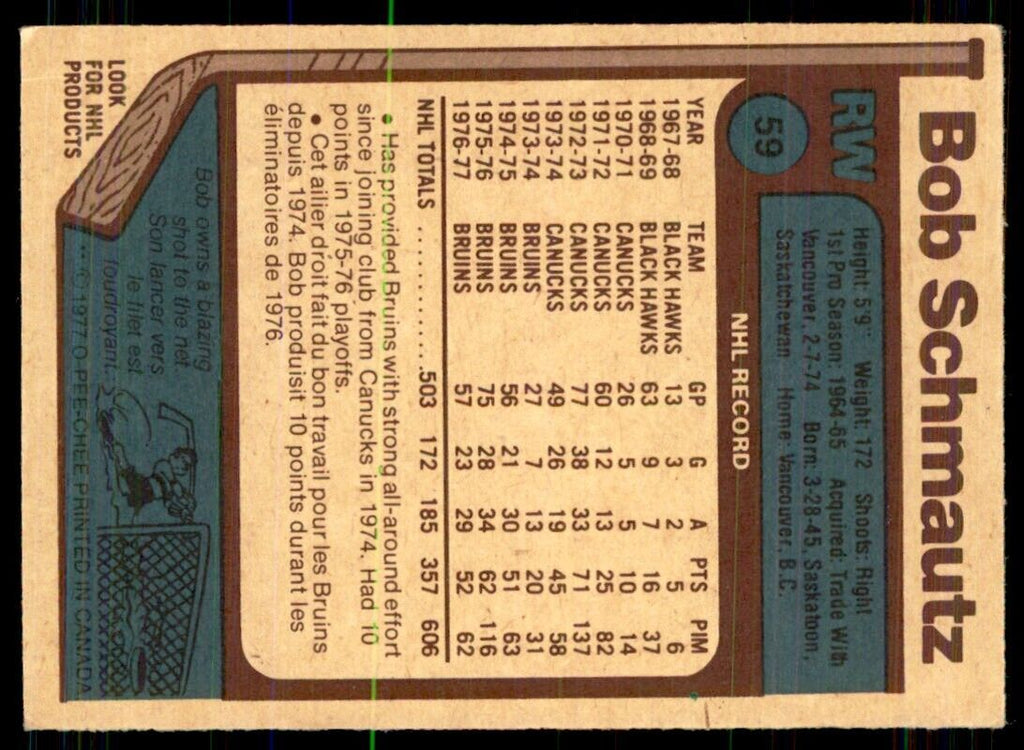 1977-78 O-Pee-Chee Bobby Schmautz Boston Bruins #59