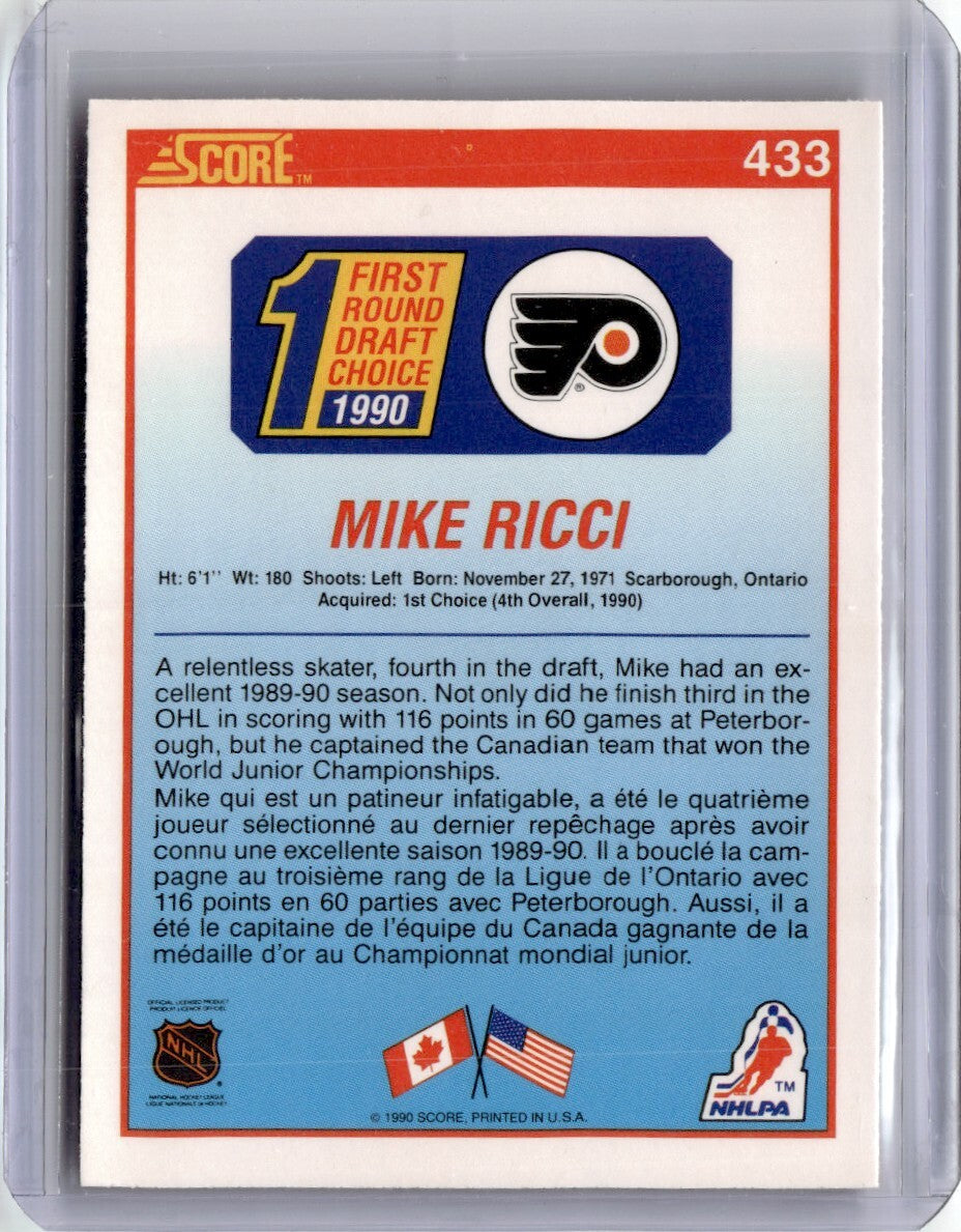 1990-91 Score Hockey Card Mike Ricci Rookie Philadelphia Flyers #433