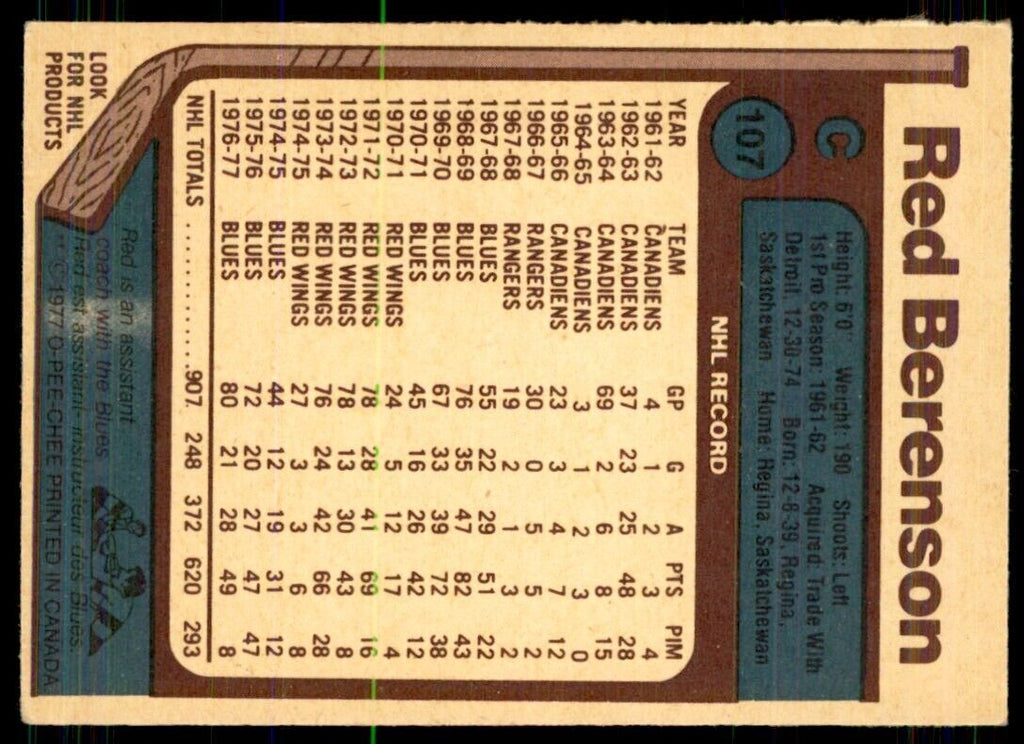 1977-78 O-Pee-Chee Red Berenson St. Louis Blues #107