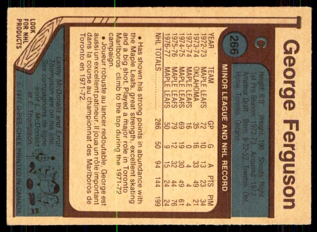 1977-78 O-Pee-Chee George Ferguson Toronto Maple Leafs #266