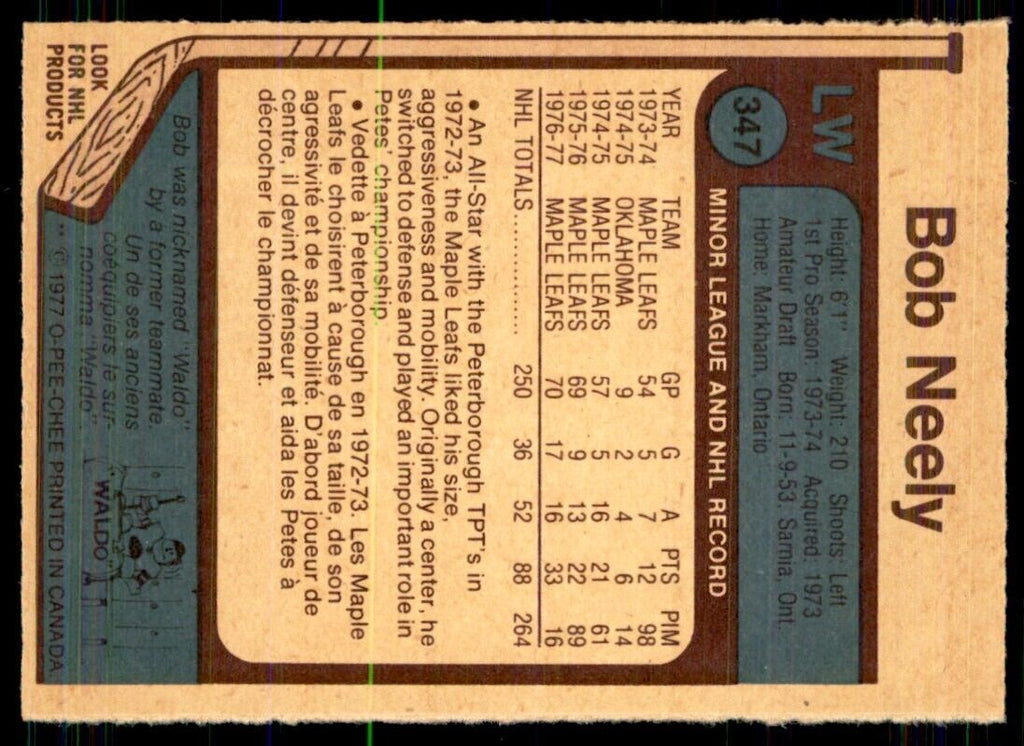 1977-78 O-Pee-Chee Bob Neely Toronto Maple Leafs #347