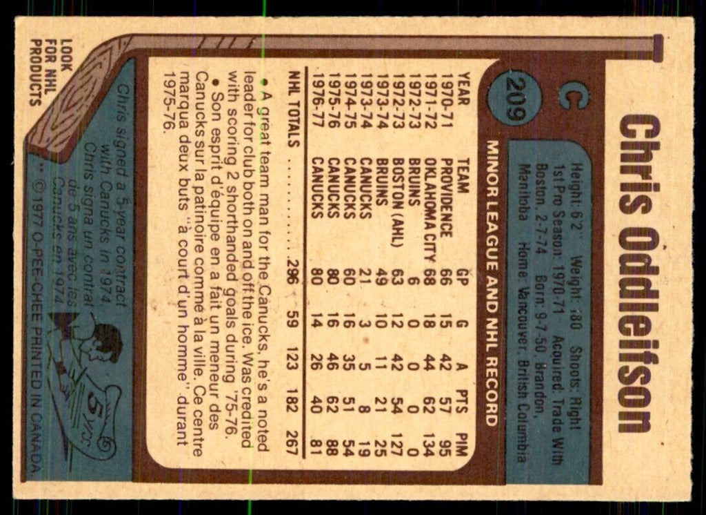 1977-78 O-Pee-Chee Chris Oddleifson Vancouver Canucks #209