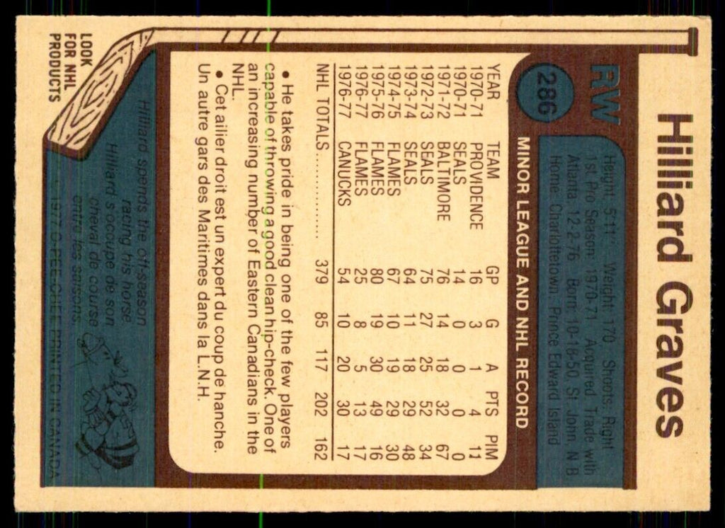 1977-78 O-Pee-Chee Hilliard Graves Vancouver Canucks #286