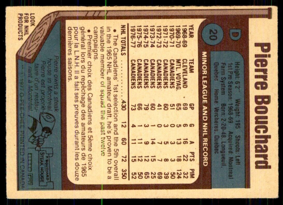 1977-78 O-Pee-Chee Pierre Bouchard Montreal Canadiens #20