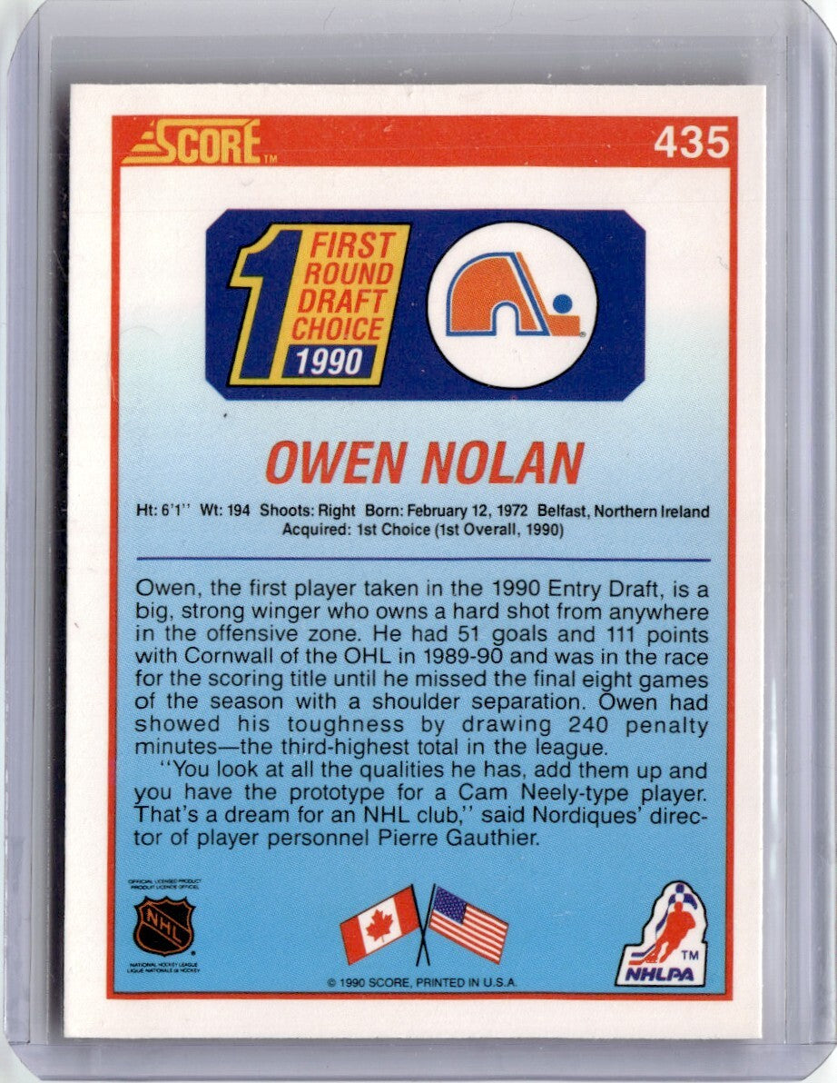 1990-91 Score Hockey Card Owen Nolan Rookie O Quebec Nordiques #435