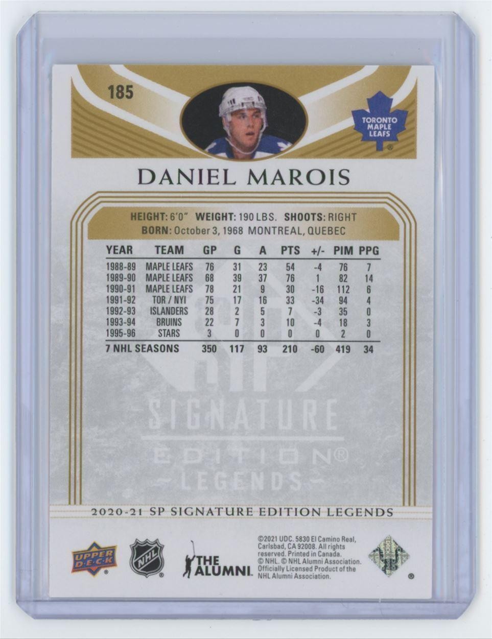 2020-21 SP Signature Edition Legends Daniel Marois Auto Toronto Maple Leafs #185