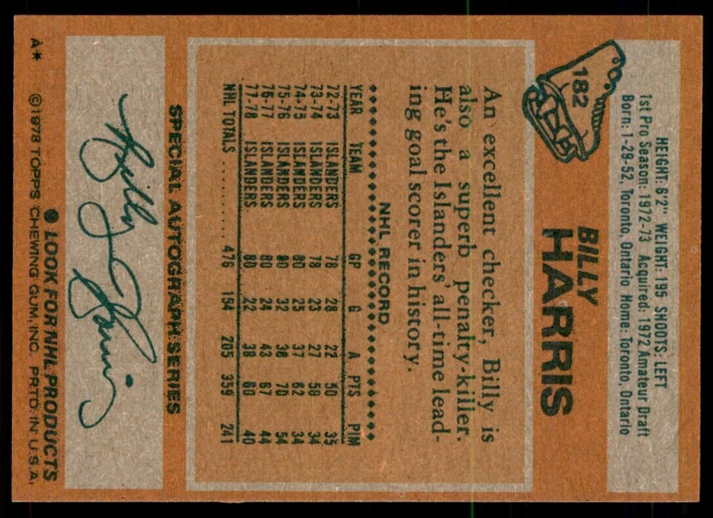 1978-79 Topps Hockey Cards Billy Harris / New York Islanders #182