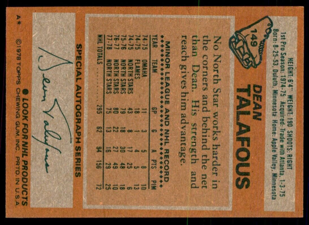 1978-79 Topps Hockey Cards Dean Talafous . Minnesota North Stars #149
