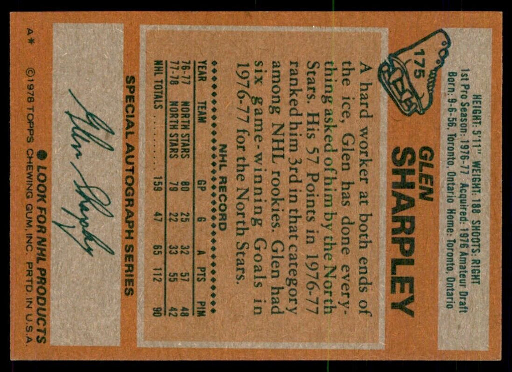 1978-79 Topps Hockey Cards Glen Sharpley A Minnesota North Stars #175