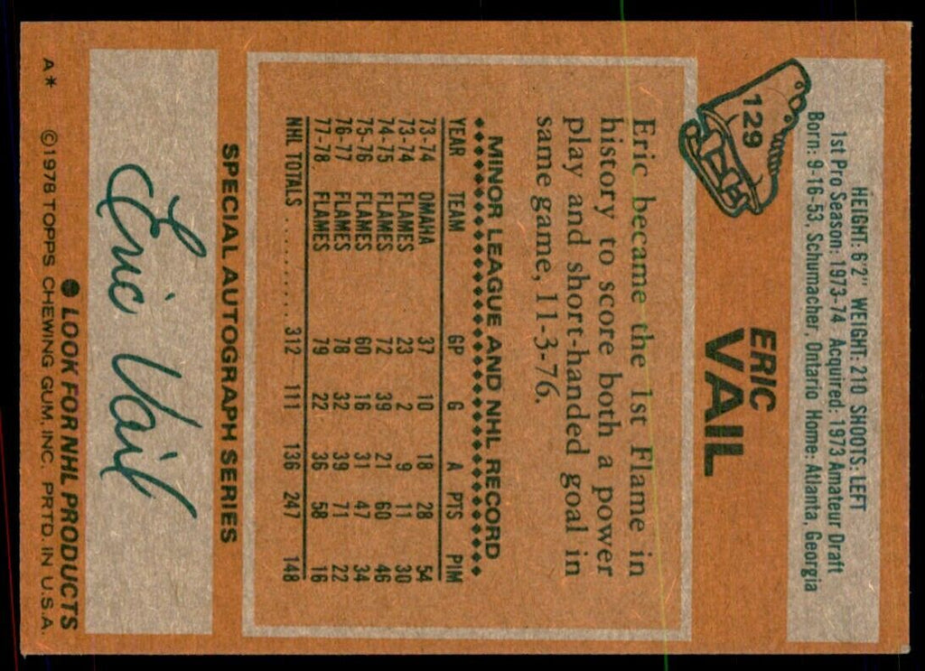 1978-79 Topps Hockey Cards Eric Vail Atlanta Flames #129