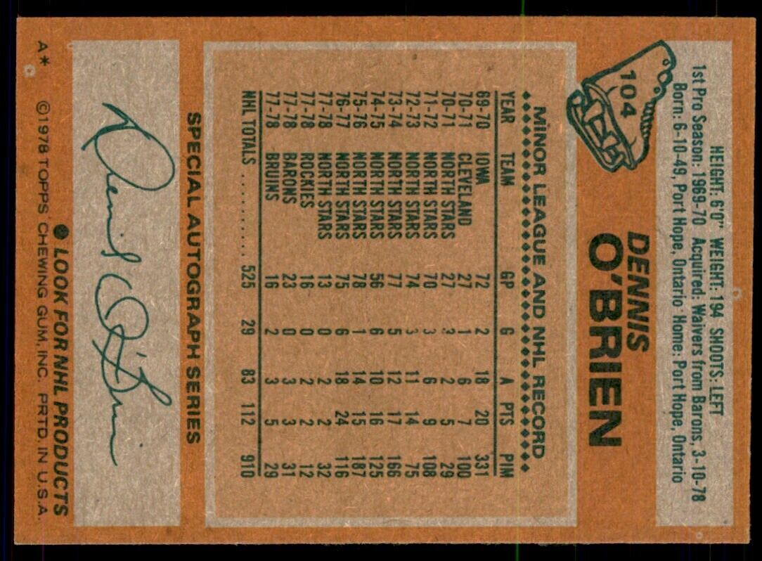 1978-79 Topps Hockey Cards Dennis O'Brien . Boston Bruins #104