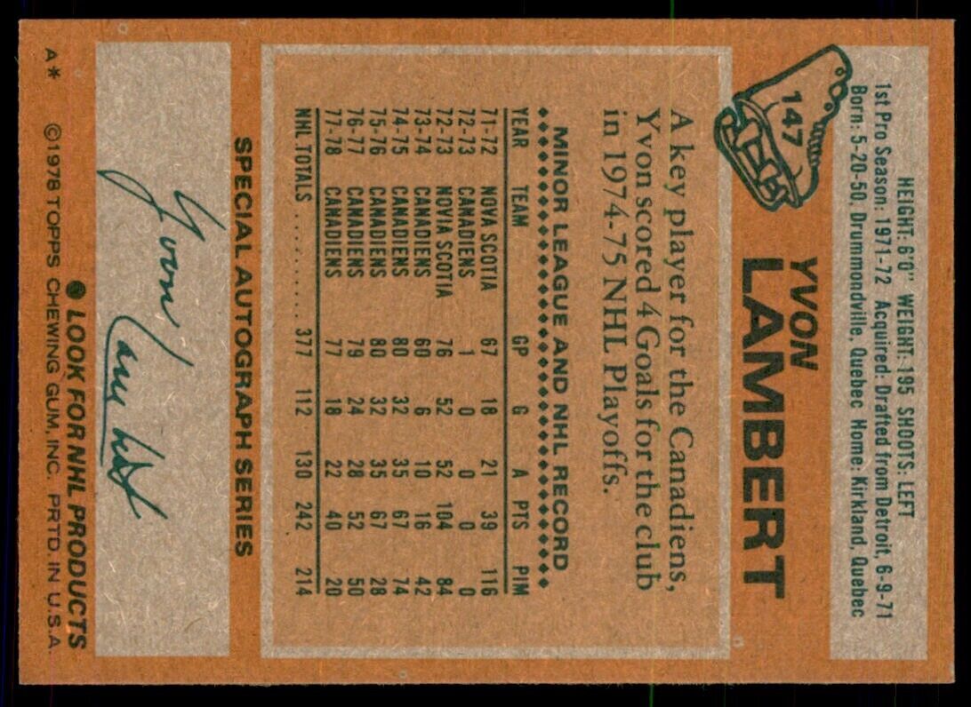 1978-79 Topps Hockey Cards Yvon Lambert ... Montreal Canadiens #147