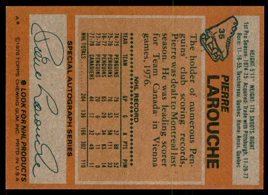 1978-79 Topps Hockey Cards Pierre Larouche // Montreal Canadiens #35
