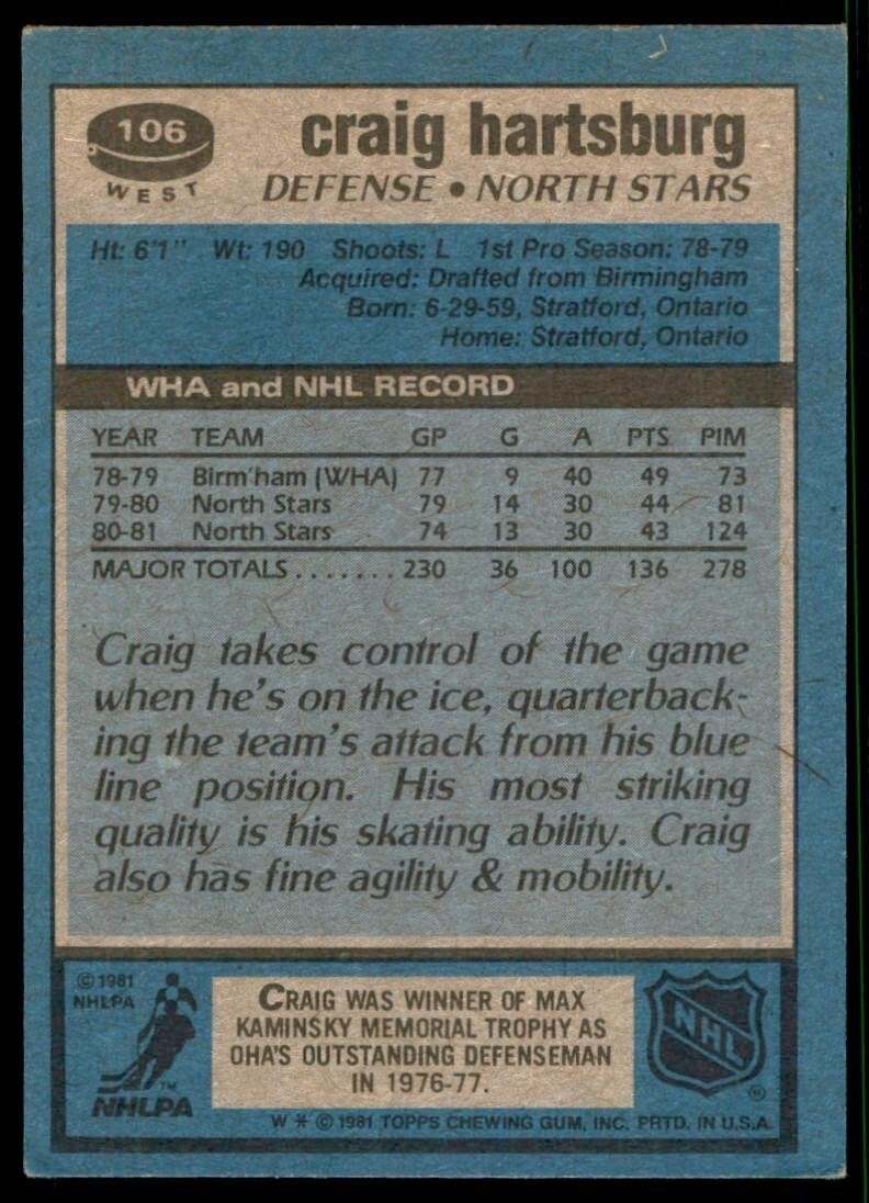 1981-82 Topps Craig Hartsburg A Hockey Cards #106