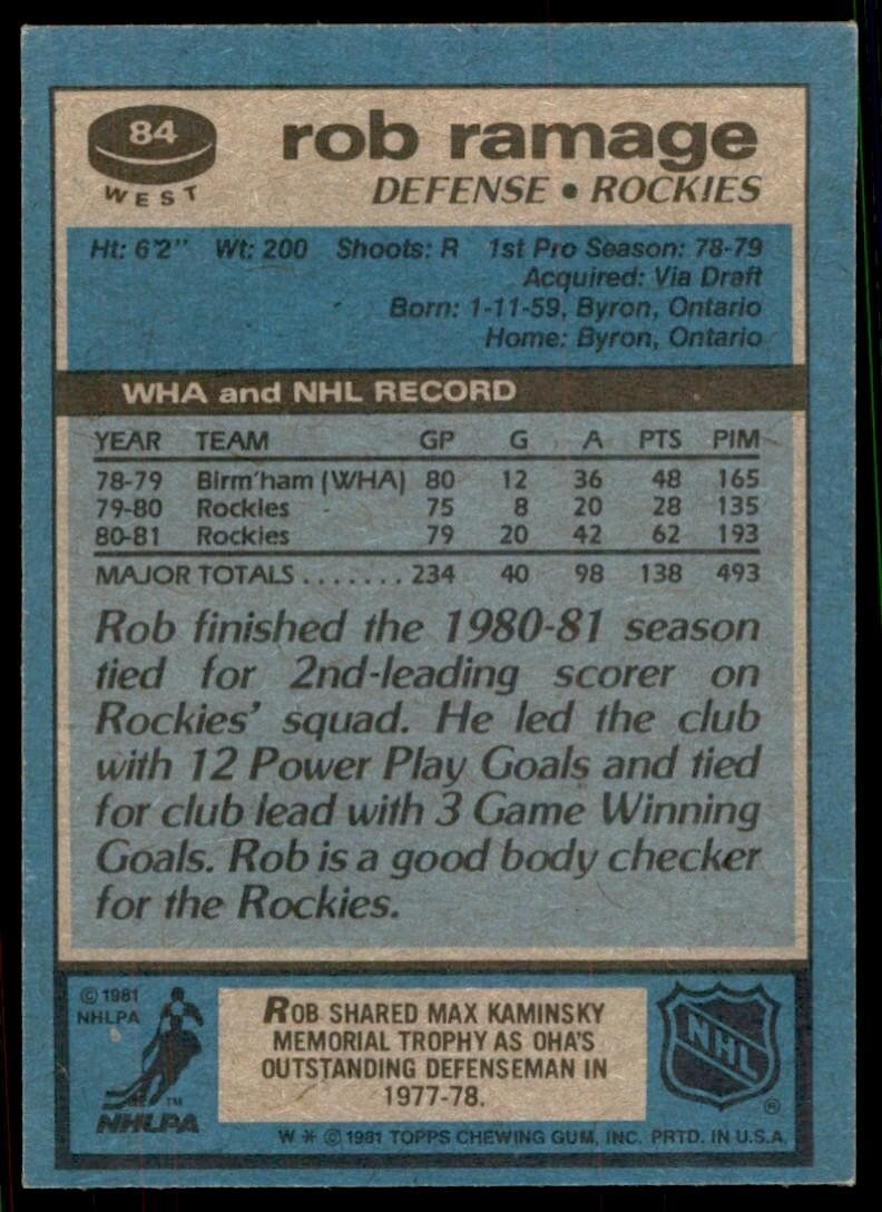 1981-82 Topps Rob Ramage D Hockey Cards #84