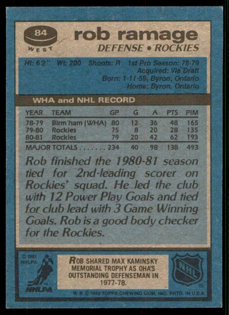 1981-82 Topps Rob Ramage B Hockey Cards #84