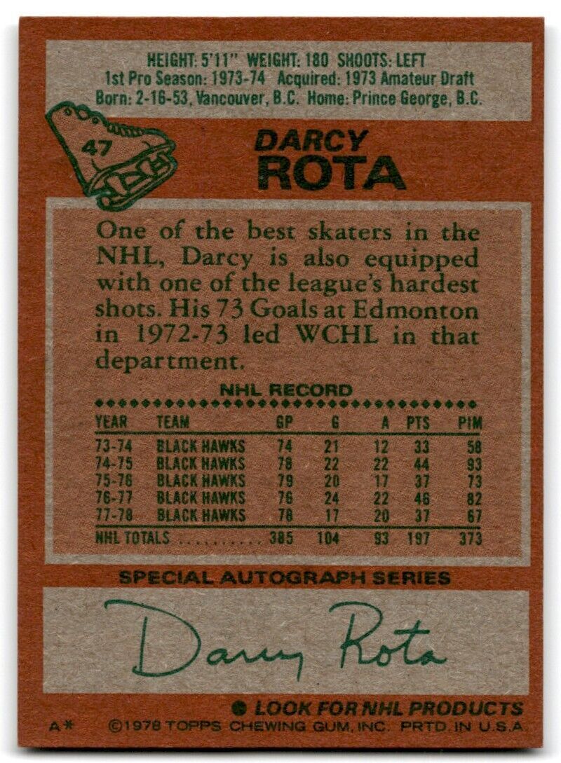 1978-79 Topps Hockey Cards Darcy Rota . Chicago Blackhawks #47