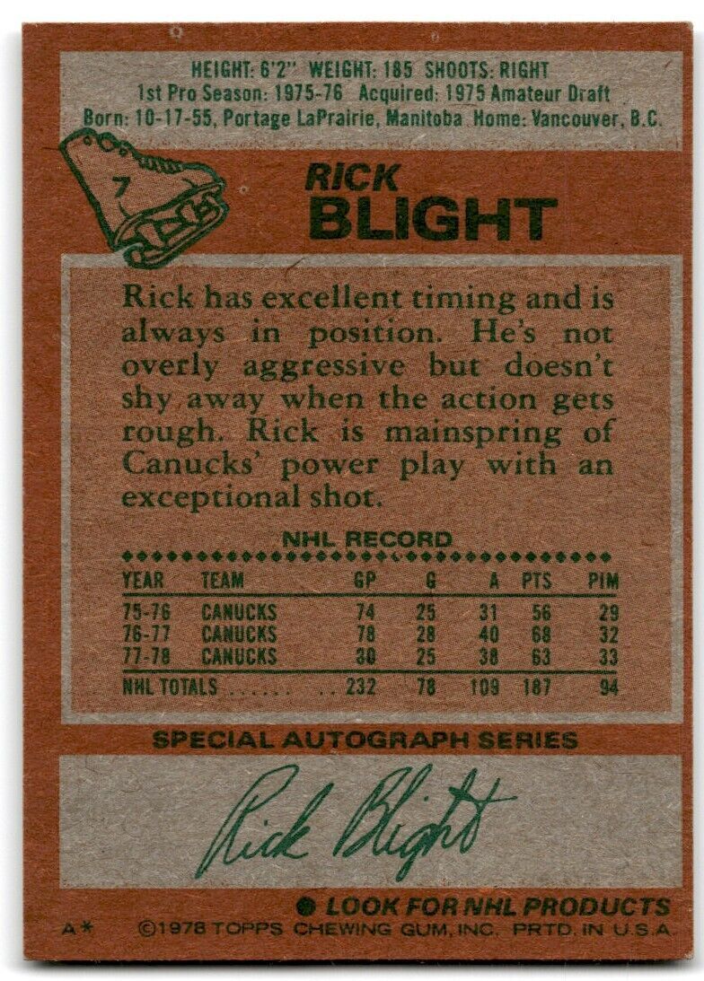 1978-79 Topps Hockey Cards Rick Blight . Vancouver Canucks #7
