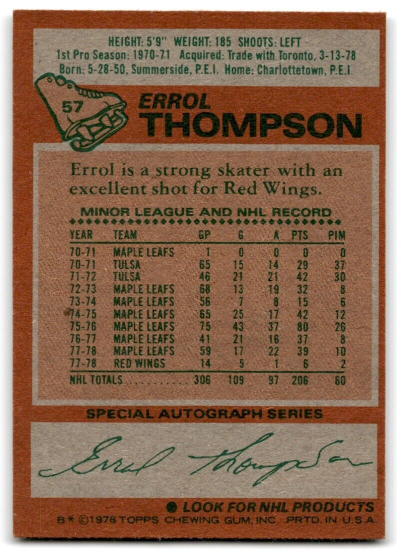 1978-79 Topps Hockey Cards Errol Thompson Detroit Red Wings #57