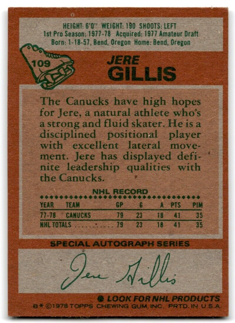 1978-79 Topps Hockey Cards Jere Gillis Rookie Vancouver Canucks #109
