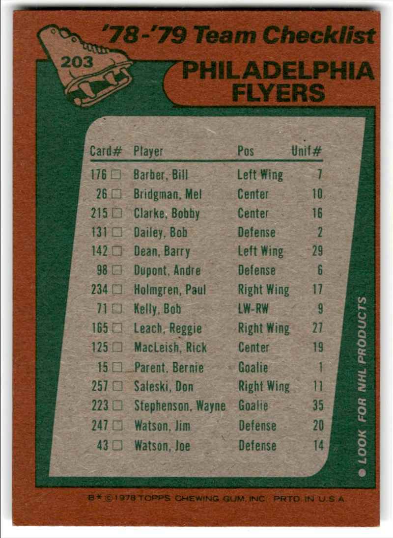 1978-79 Topps Hockey Cards Team Checklist Philadelphia Flyers #203
