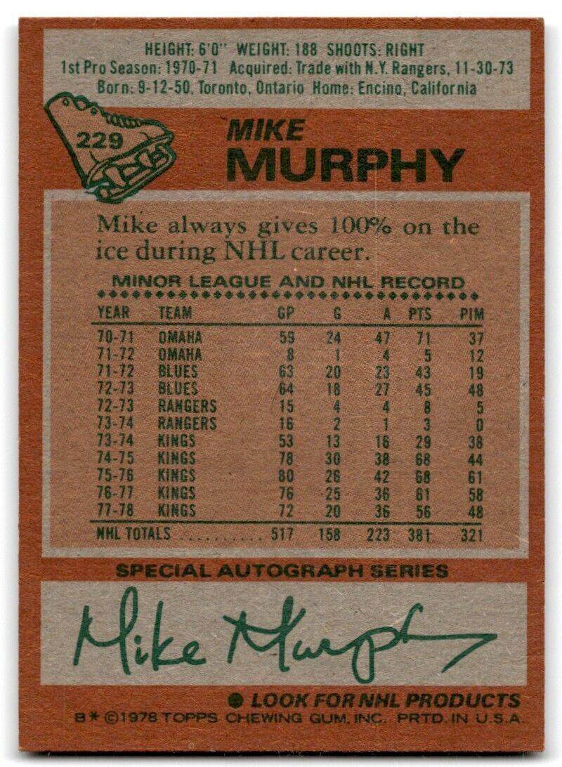 1978-79 Topps Hockey Cards Mike Murphy Los Angeles Kings #229