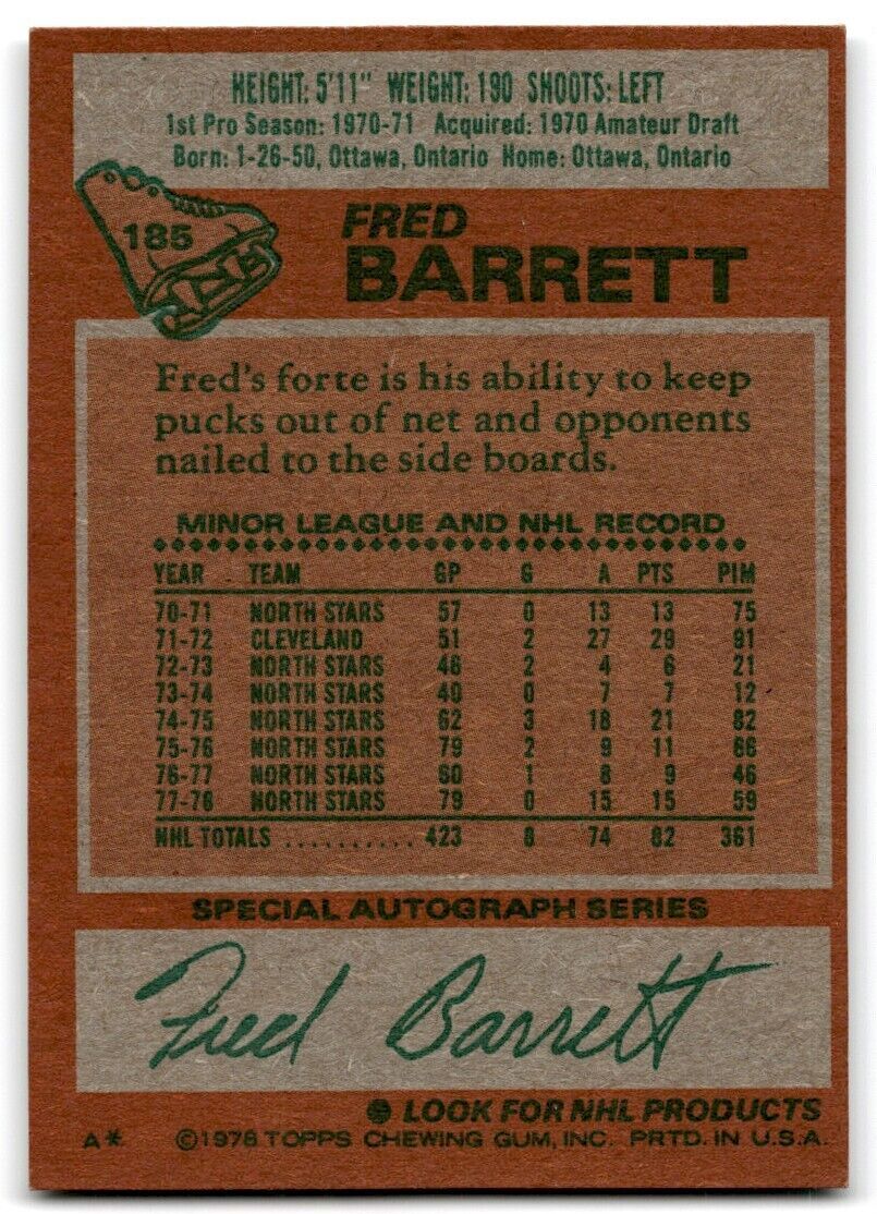 1978-79 Topps Hockey Cards Fred Barrett . Minnesota North Stars #185