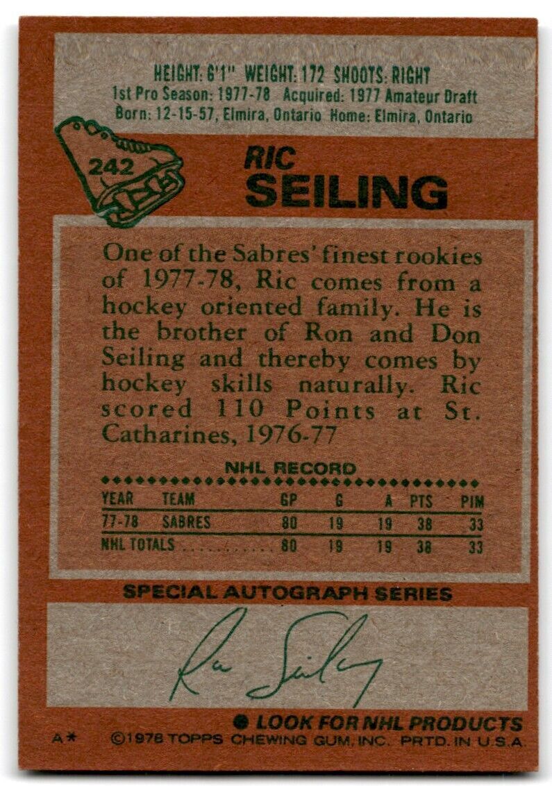 1978-79 Topps Hockey Cards Ric Seiling Rookie . Buffalo Sabres #242