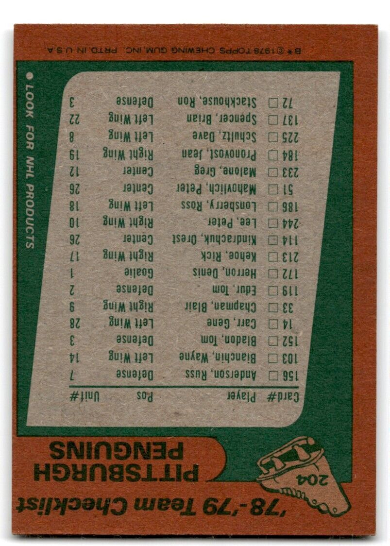 1978-79 Topps Hockey Cards Pittsburgh Penguins Team Pittsburgh Penguins #204