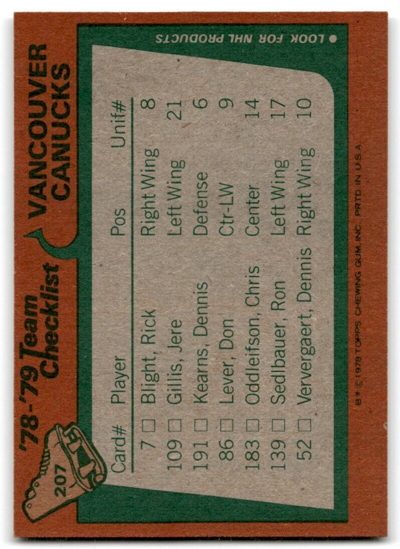 1978-79 Topps Hockey Cards Vancouver Canucks Team Vancouver Canucks #207