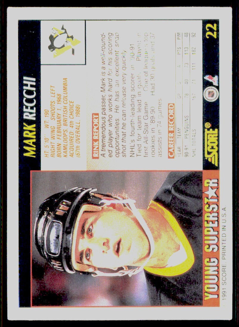 1991-92 Score Young Superstars Mark Recchi Hockey Cards #22