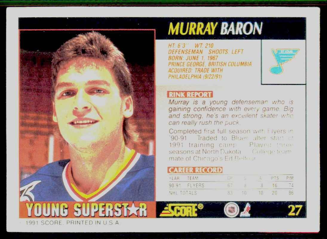 1991-92 Score Young Superstars Murray Baron Hockey Cards #27