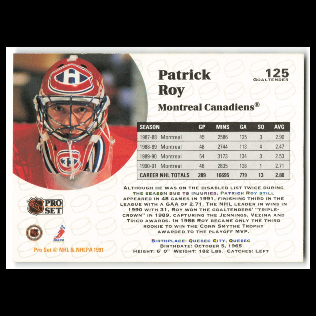 Patrick Roy #125 1991 Pro Set Montreal Canadiens Hockey Card NHL NM